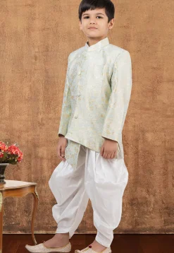 Woven Art Silk Jacquard Asymmetric Dhoti Kurta in Sky Blue