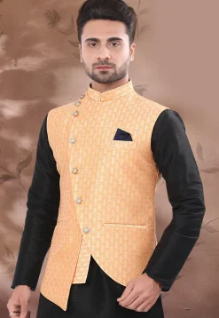 Woven Art Silk Jacquard Asymmetric Nehru Jacket in Light Orange