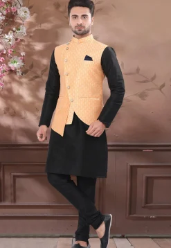 Woven Art Silk Jacquard Asymmetric Nehru Jacket in Light Orange