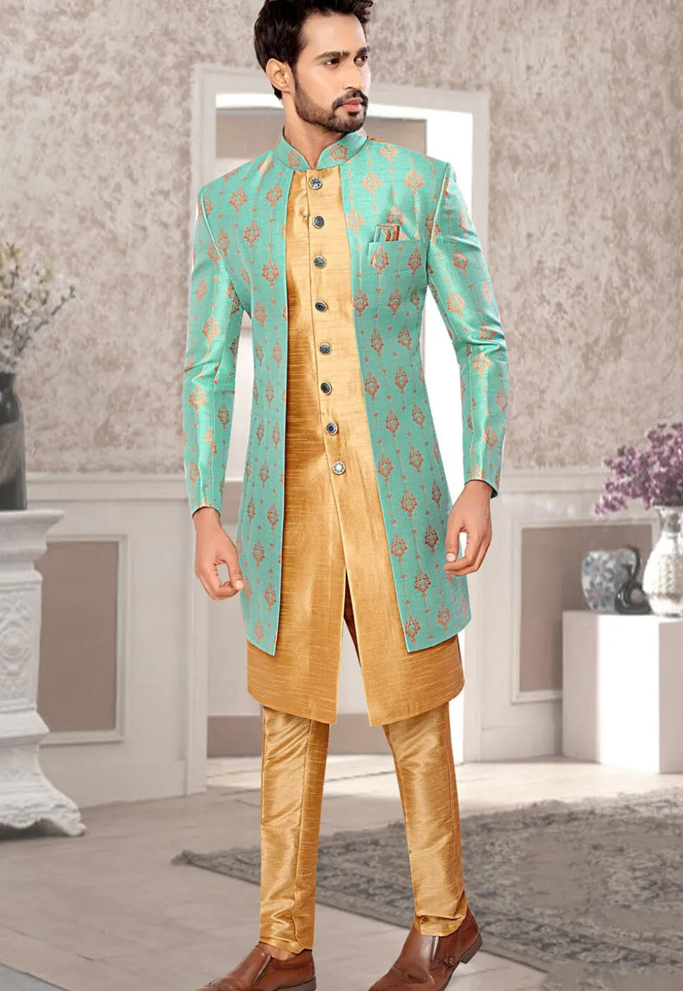 Woven Art Silk Jacquard Asymmetric Sherwani in Beige and Sky Blue