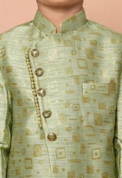 Woven Art Silk Jacquard Asymmetric Kurta Set in Light Green