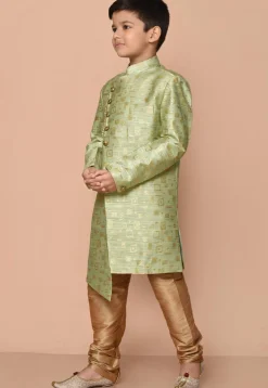 Woven Art Silk Jacquard Asymmetric Kurta Set in Light Green