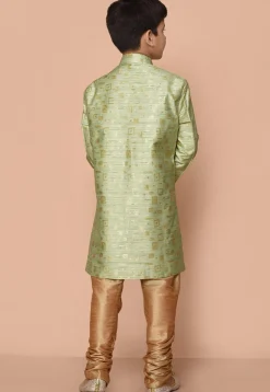 Woven Art Silk Jacquard Asymmetric Kurta Set in Light Green