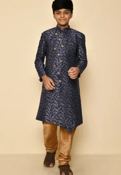 Woven Art Silk Jacquard Asymmetric Sherwani in Navy Blue