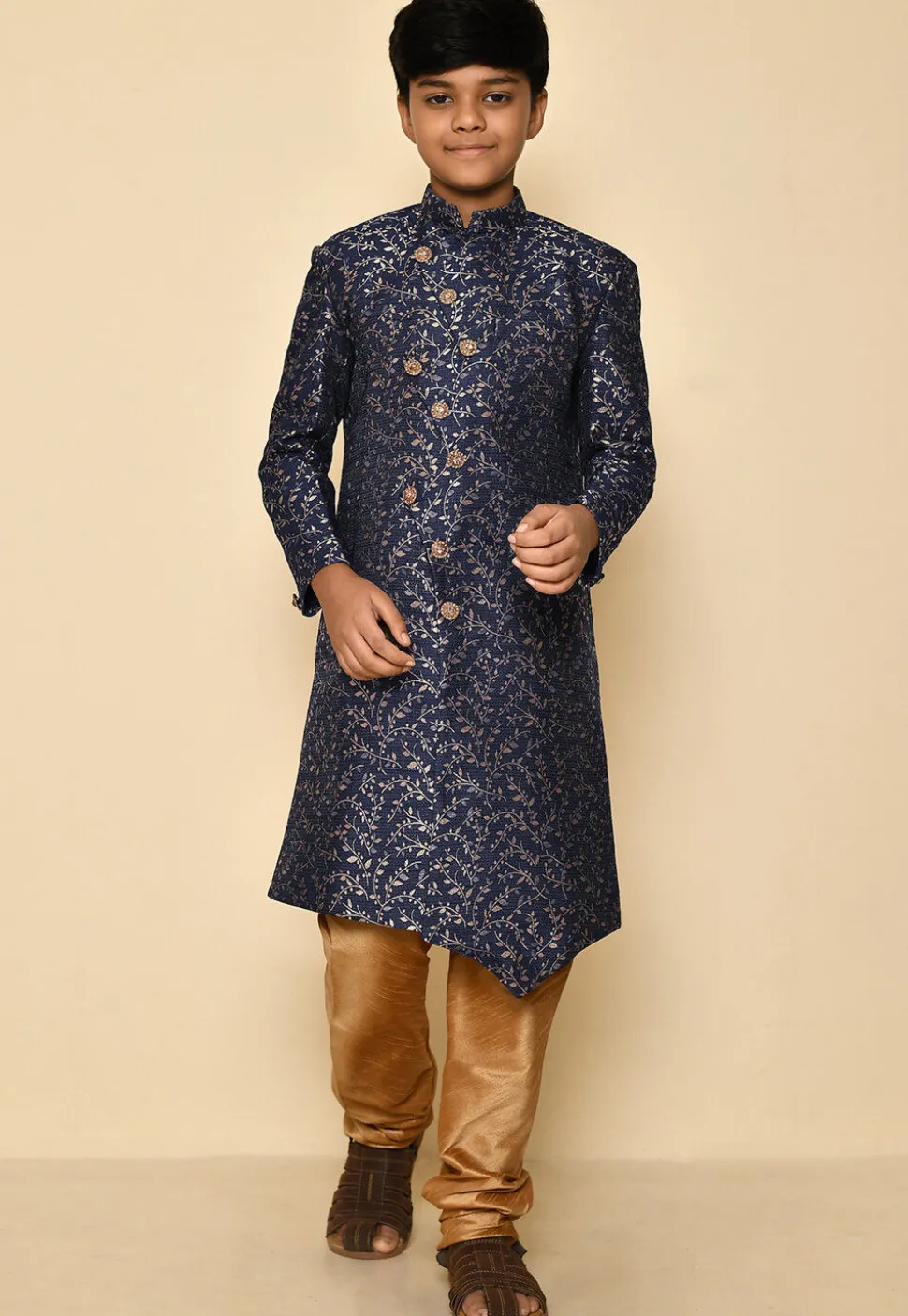 Woven Art Silk Jacquard Asymmetric Sherwani in Navy Blue