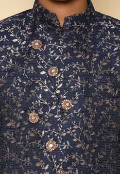 Woven Art Silk Jacquard Asymmetric Sherwani in Navy Blue