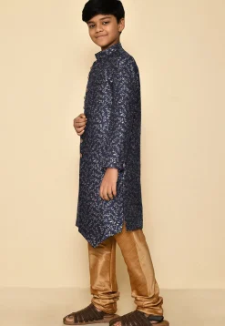 Woven Art Silk Jacquard Asymmetric Sherwani in Navy Blue