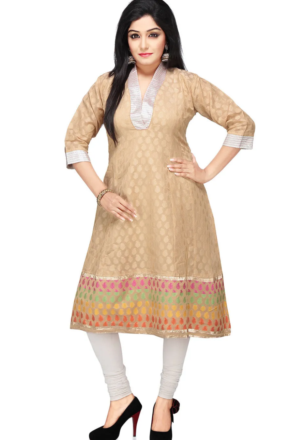 Woven Art Silk Jacquard Anarkali Kurta in Beige