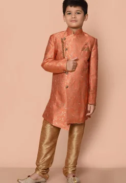 Woven Art Silk Jacquard Asymmetric Kurta Set in Orange