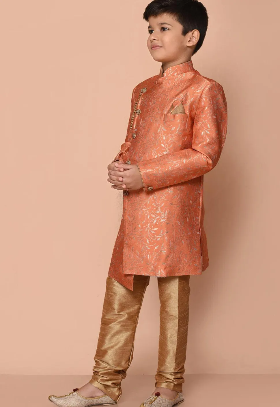 Woven Art Silk Jacquard Asymmetric Kurta Set in Orange