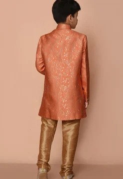 Woven Art Silk Jacquard Asymmetric Kurta Set in Orange