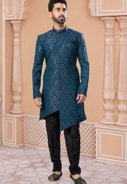 Woven Art Silk Jacquard Asymmetric Sherwani in Blue