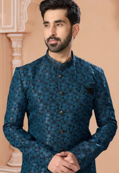 Woven Art Silk Jacquard Asymmetric Sherwani in Blue