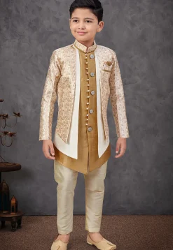 Woven Art Silk Jacquard and Art Silk Sherwani in Beige