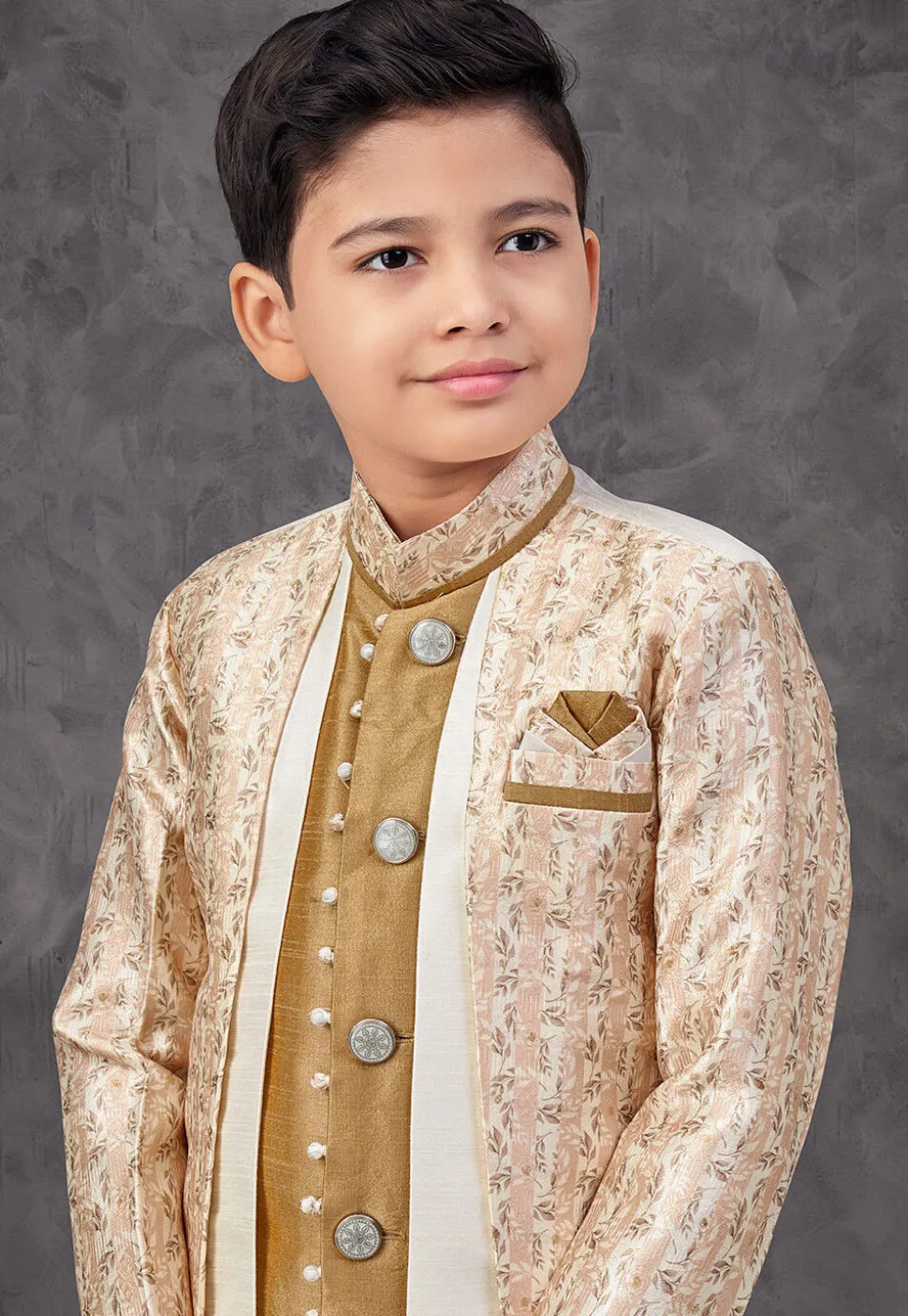 Woven Art Silk Jacquard and Art Silk Sherwani in Beige