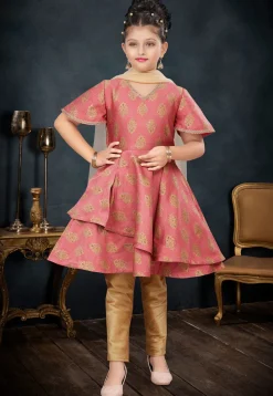 Woven Art Silk Jacquard A Line Suit in Pink