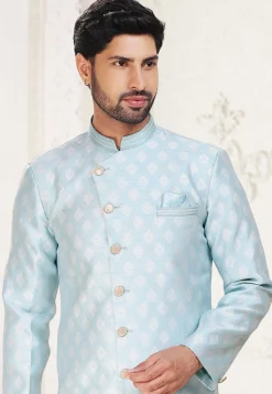 Woven Art Silk Jacquard Asymmetric Sherwani in Sky Blue