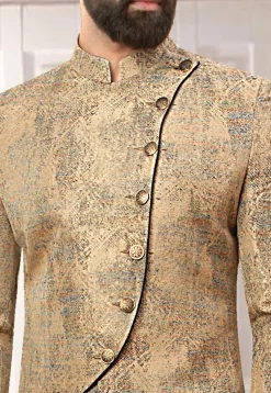 Woven Art Silk Jacquard Asymmetric Sherwani in Beige