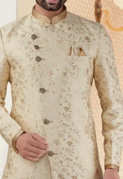 Woven Art Silk Jacquard Asymmetric Sherwani in Light Beige