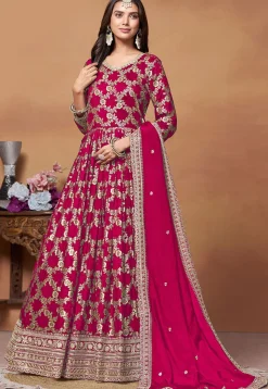 Woven Art Silk Jacquard Abaya Style Suit in Fuchsia
