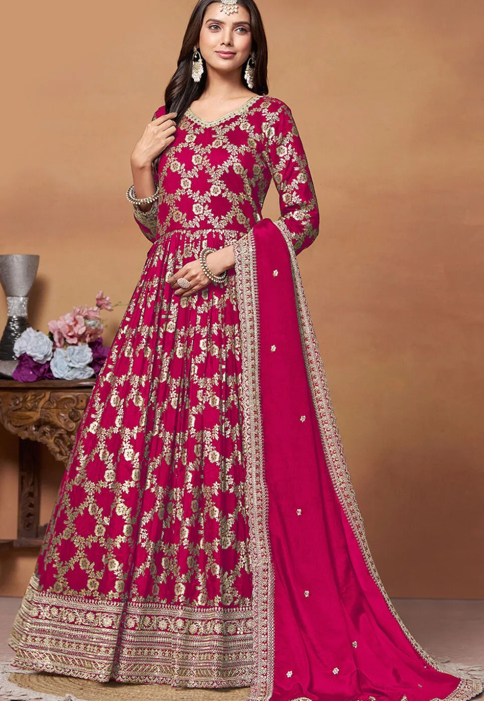Woven Art Silk Jacquard Abaya Style Suit in Fuchsia