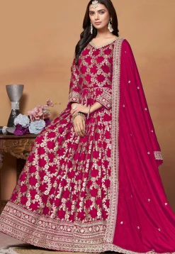 Woven Art Silk Jacquard Abaya Style Suit in Fuchsia