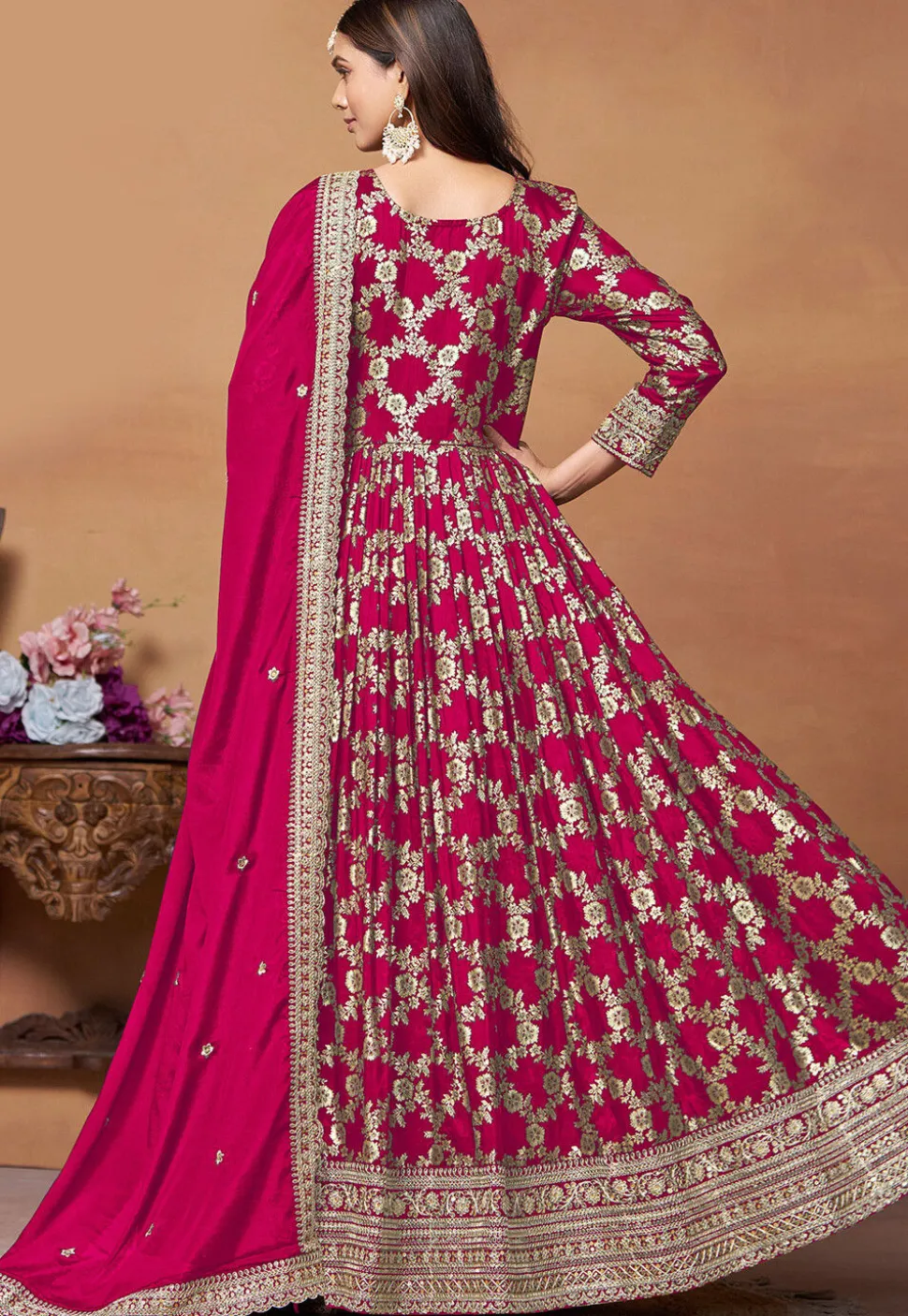 Woven Art Silk Jacquard Abaya Style Suit in Fuchsia