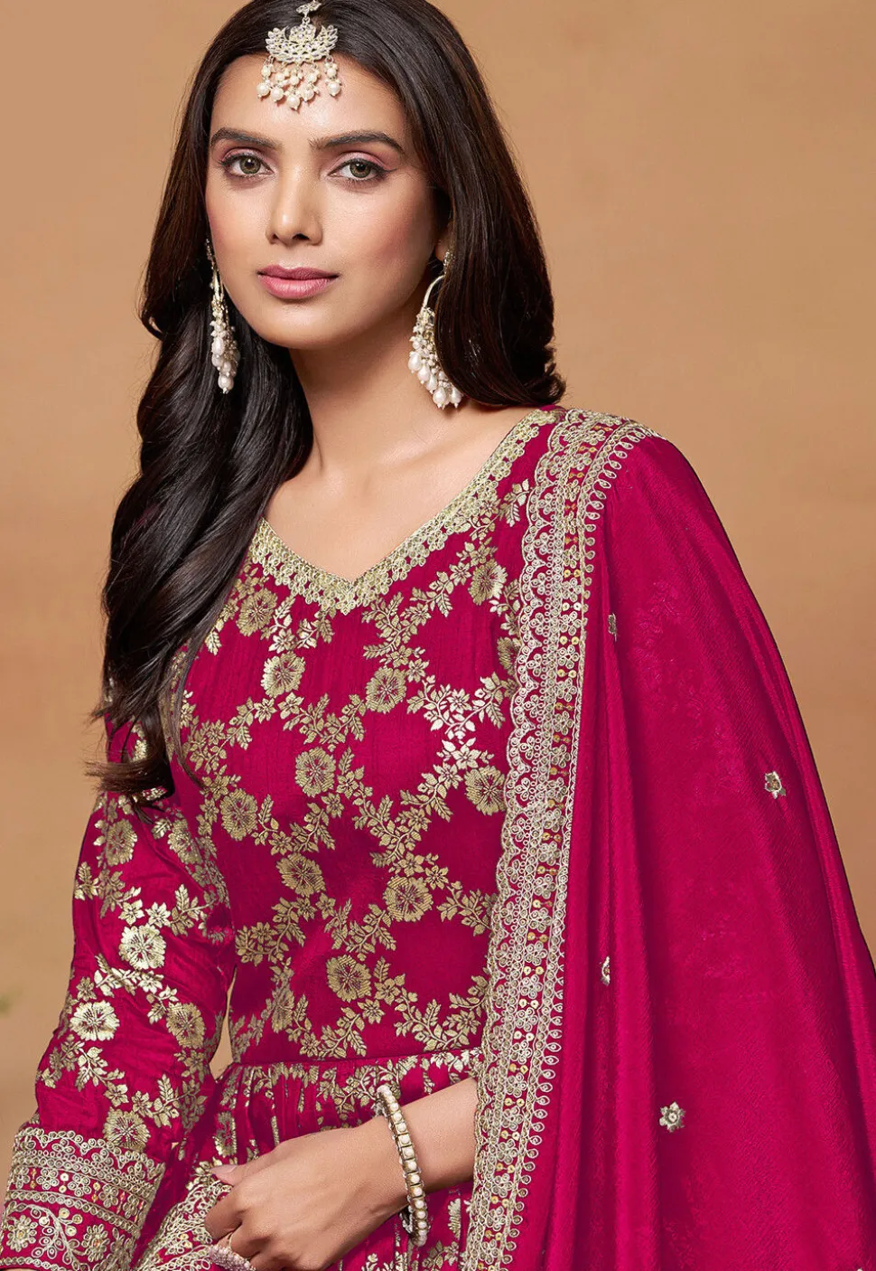 Woven Art Silk Jacquard Abaya Style Suit in Fuchsia