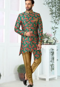 Woven Art Silk Jacquard Asymmetric Sherwani in Teal Green