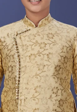 Woven Art Silk Jacquard Asymmetric Dhoti Sherwani in Beige