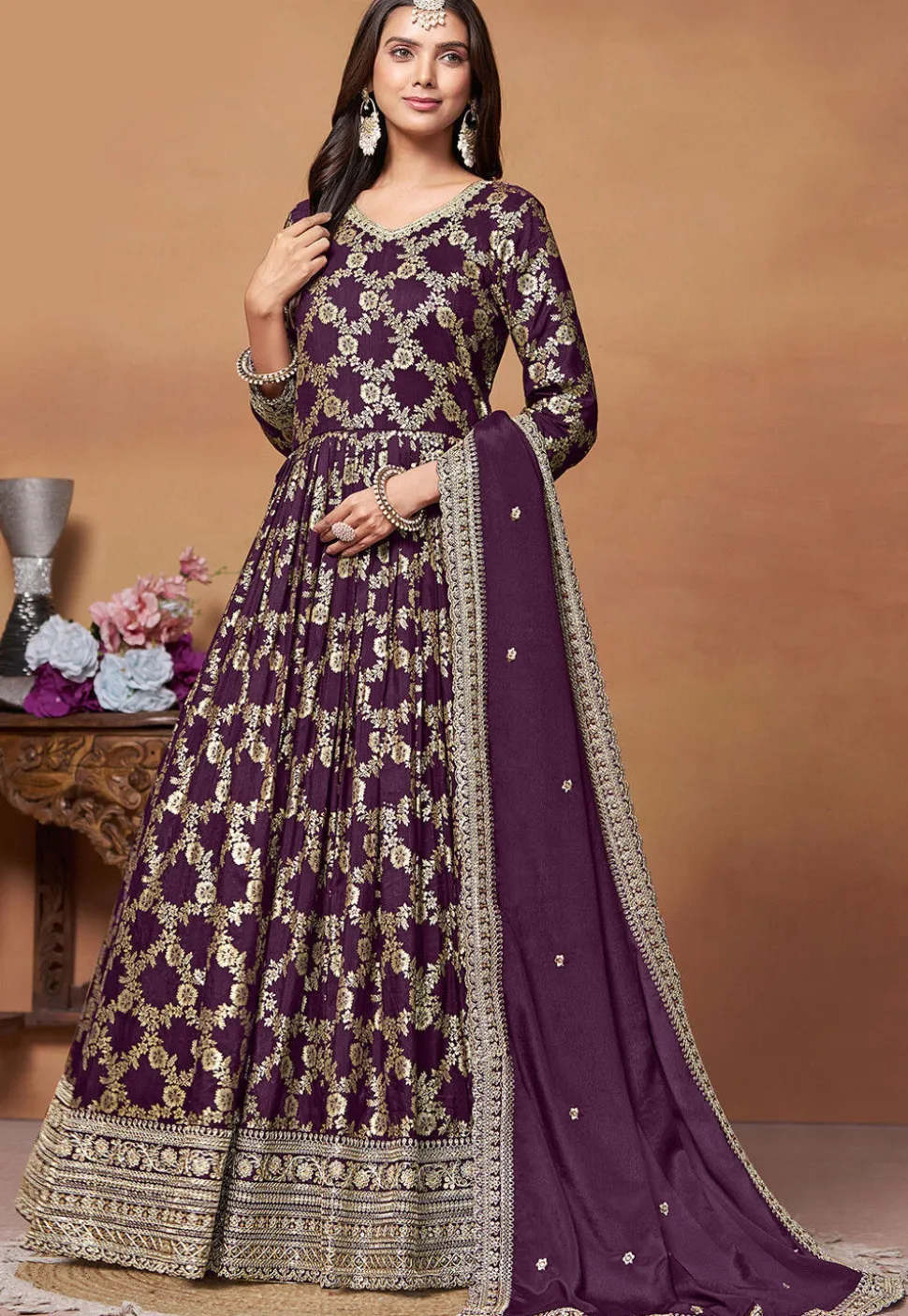 Woven Art Silk Jacquard Abaya Style Suit in Purple