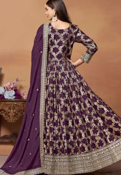 Woven Art Silk Jacquard Abaya Style Suit in Purple