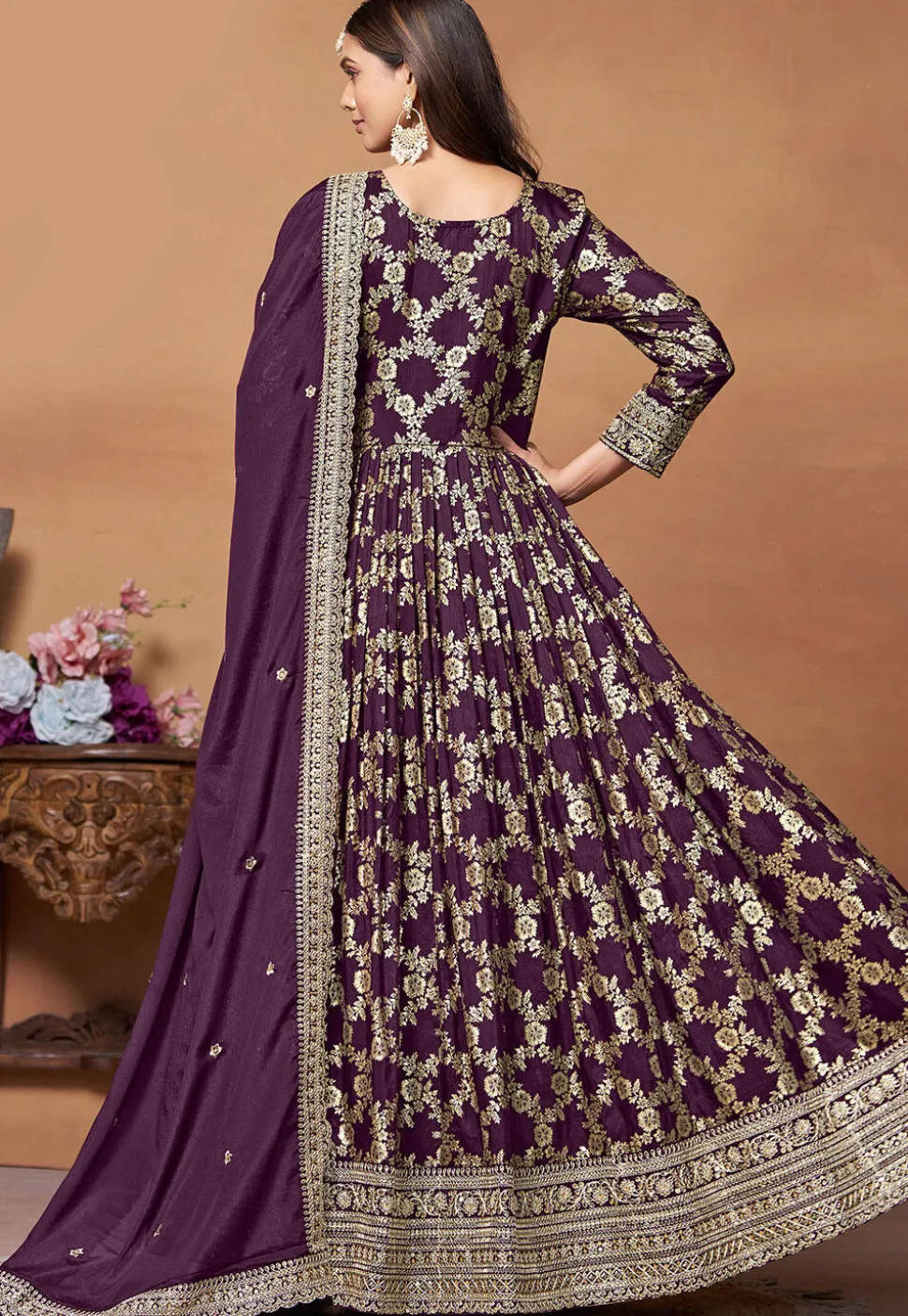 Woven Art Silk Jacquard Abaya Style Suit in Purple