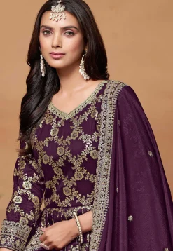 Woven Art Silk Jacquard Abaya Style Suit in Purple