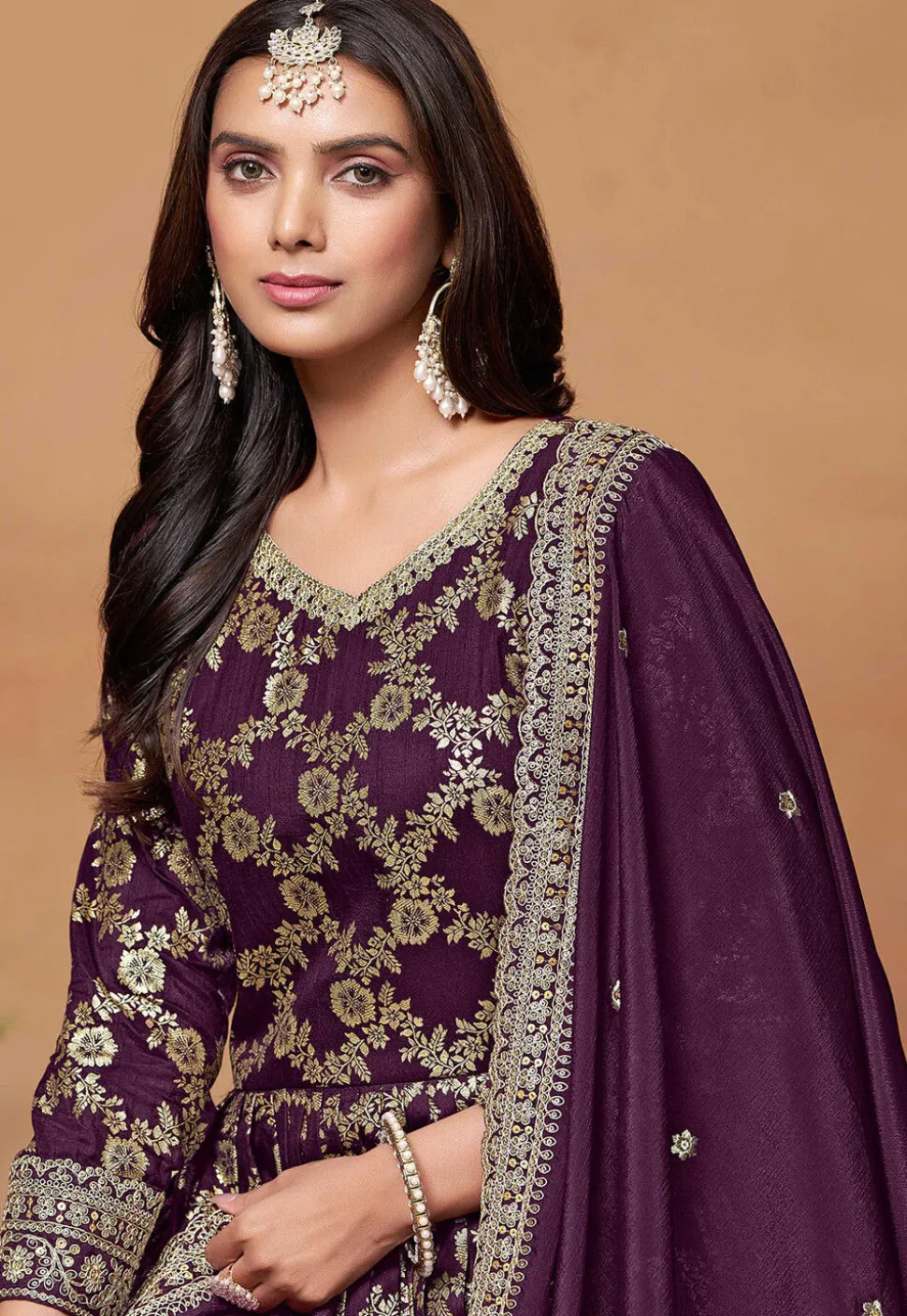 Woven Art Silk Jacquard Abaya Style Suit in Purple