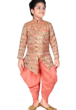 Woven Art Silk Jacquard Asymmetric Sherwani Set in Peach