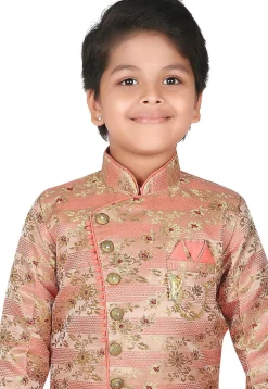 Woven Art Silk Jacquard Asymmetric Sherwani Set in Peach