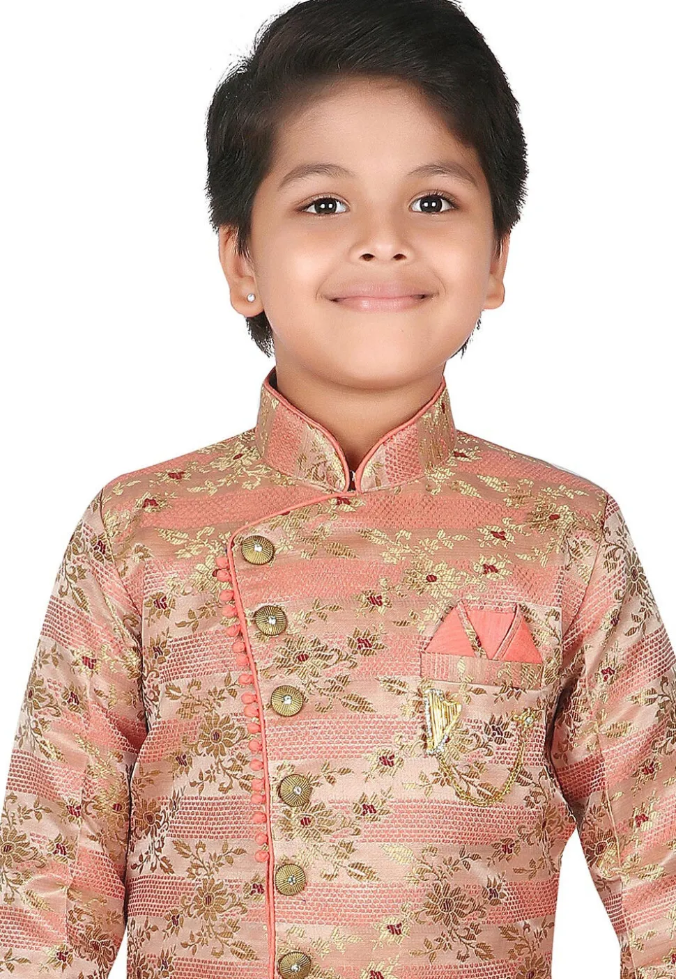 Woven Art Silk Jacquard Asymmetric Sherwani Set in Peach