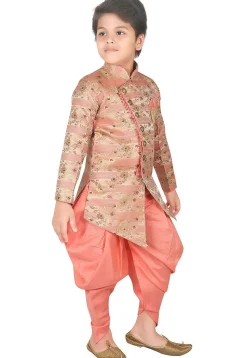 Woven Art Silk Jacquard Asymmetric Sherwani Set in Peach