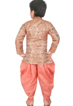 Woven Art Silk Jacquard Asymmetric Sherwani Set in Peach