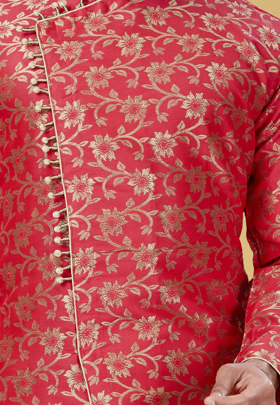Woven Art Silk Jacquard Asymmetric Sherwani in Coral Pink