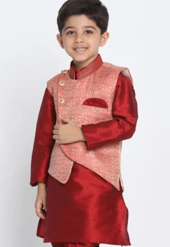 Woven Art Silk Jacquard Asymmetric Nehru Jacket in Pink