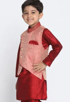 Woven Art Silk Jacquard Asymmetric Nehru Jacket in Pink