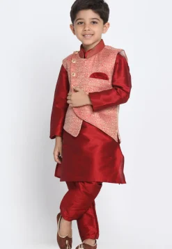 Woven Art Silk Jacquard Asymmetric Nehru Jacket in Pink