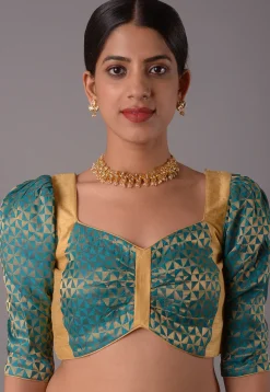 Woven Art Silk Jacquard Blouse in Teal Blue