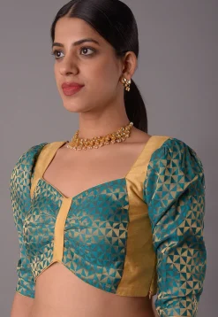 Woven Art Silk Jacquard Blouse in Teal Blue