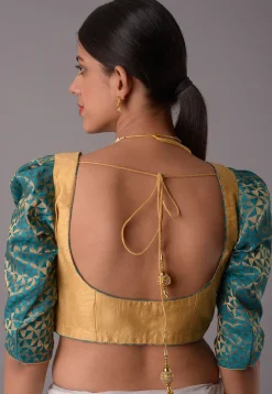 Woven Art Silk Jacquard Blouse in Teal Blue