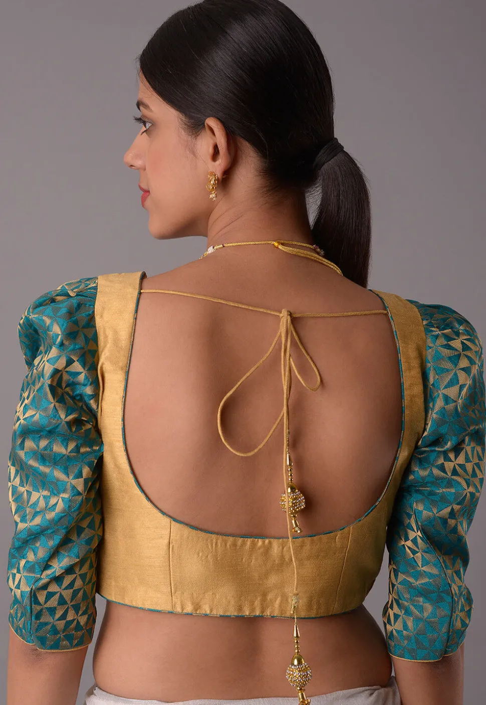 Woven Art Silk Jacquard Blouse in Teal Blue