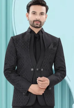 Woven Art Silk Jacquard Blazer in Black