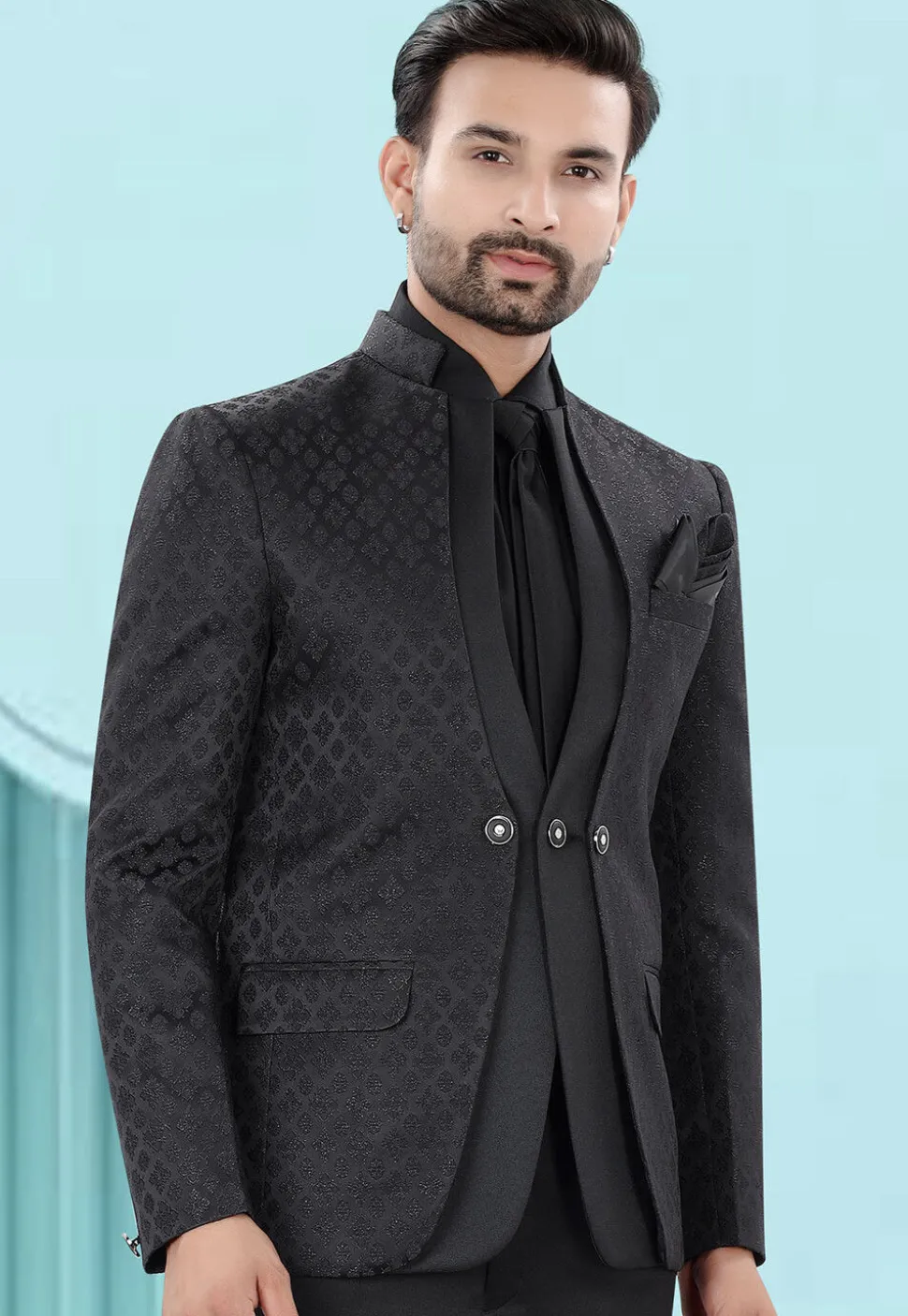 Woven Art Silk Jacquard Blazer in Black